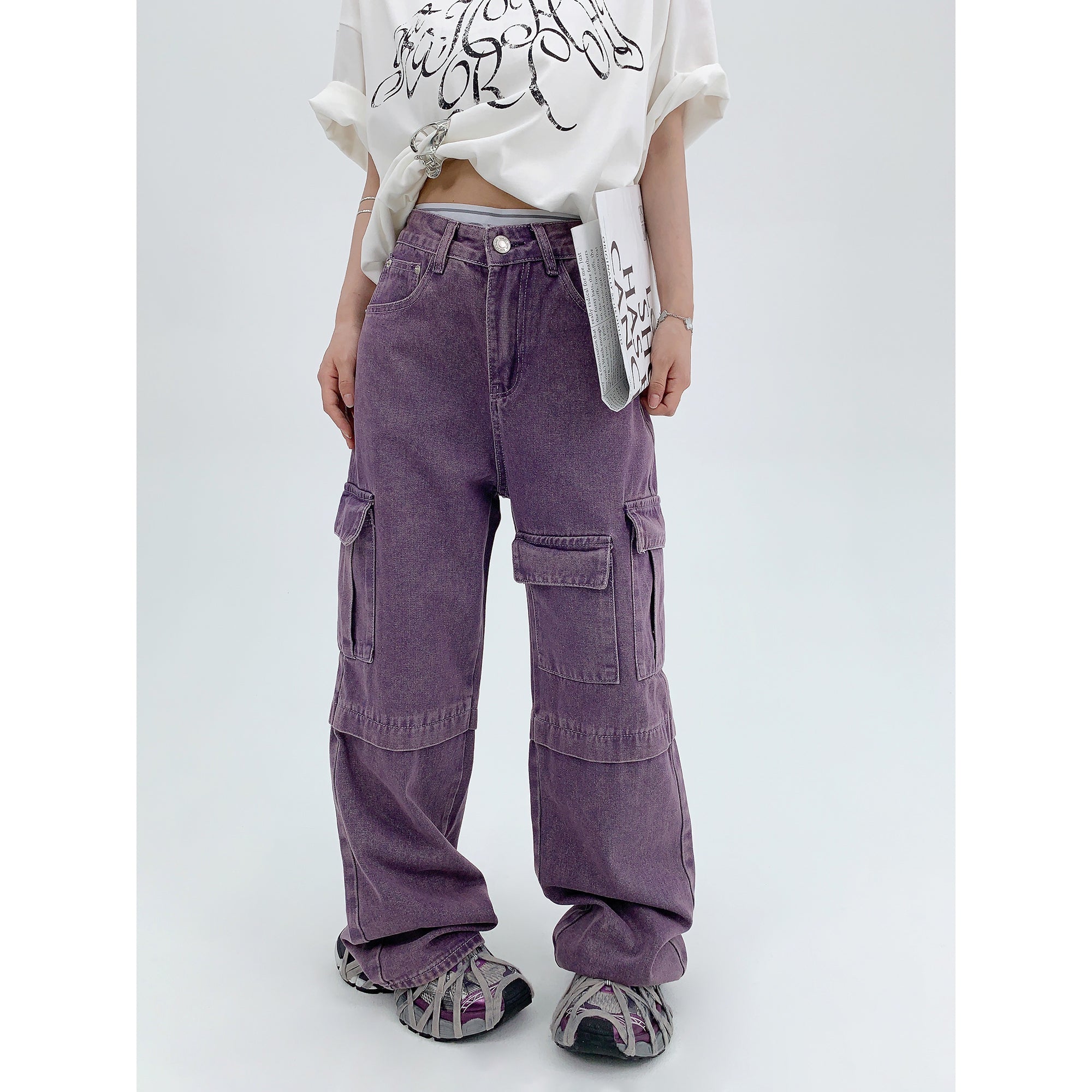 Wash Purple Straight-leg Denim Cargo Pants MW9315