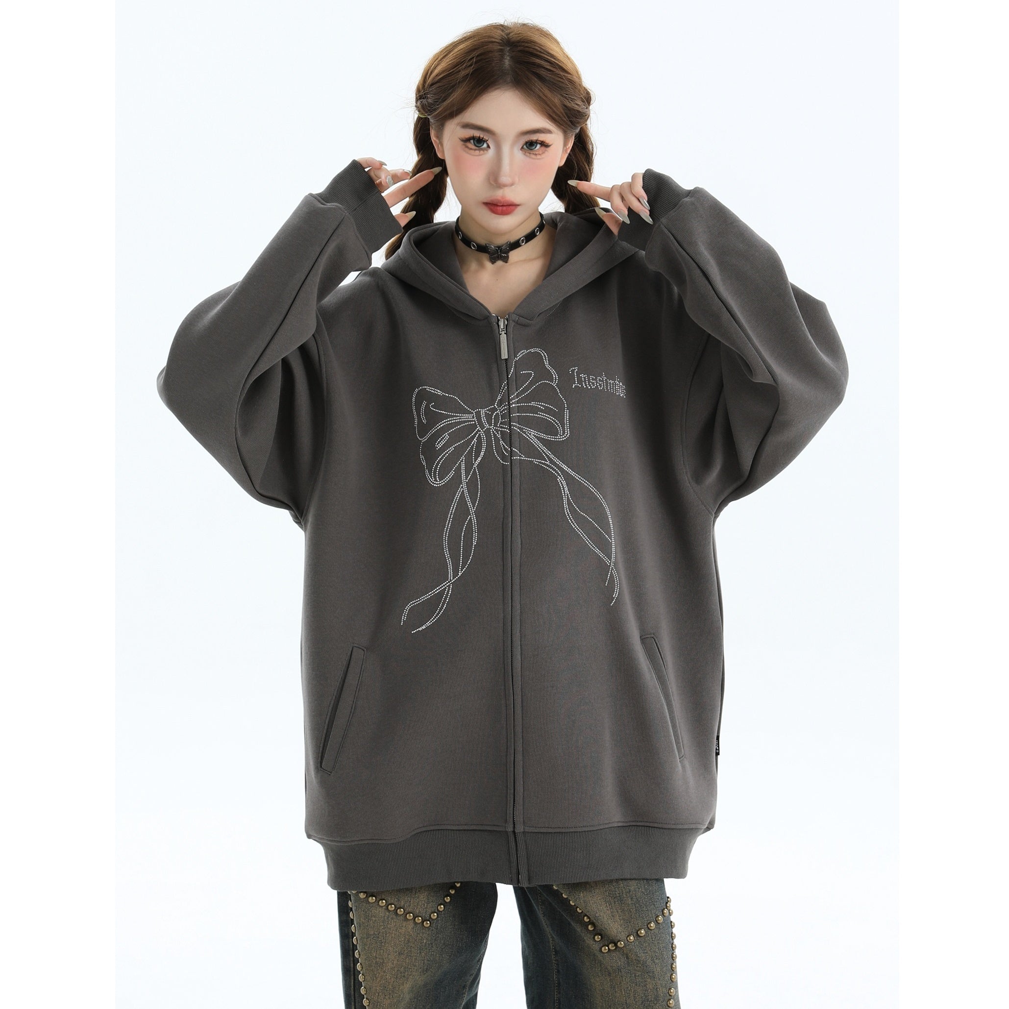 Rhinestone Bow Logo Loose Hooded Zip Parka IN7012