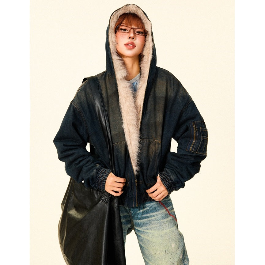 Fluffy Fur Denim Hooded Jacket MW9703