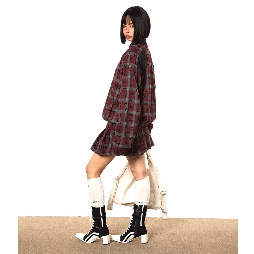 【上下別売り】Bow Print Contrast Plaid Jacket & Pleated Short Skirt Set-up MW9494