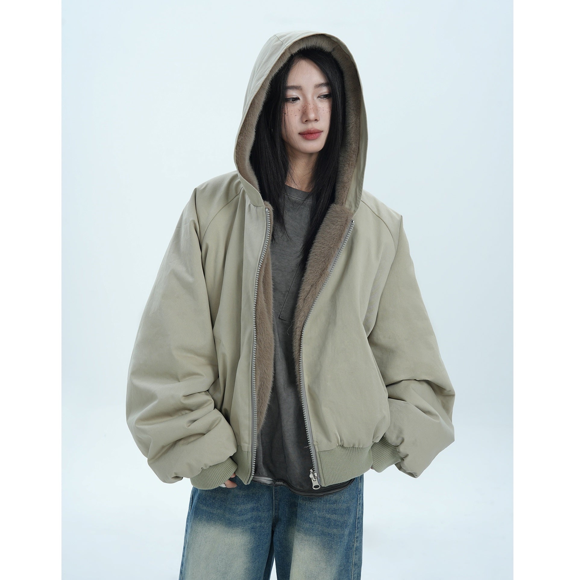 Fur Liner Washed Zip Hooded Jacket MW9671