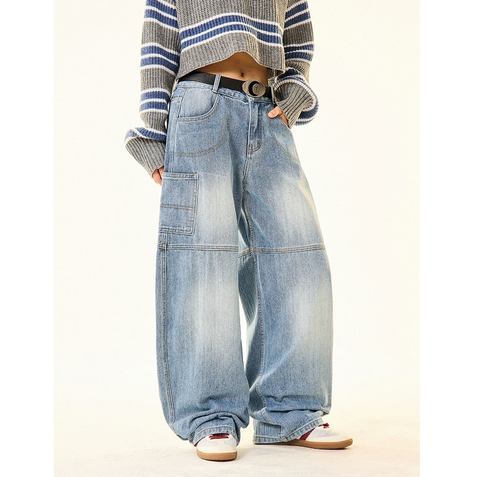 Back Print Loose Barrel-Leg Work Jeans MW9700