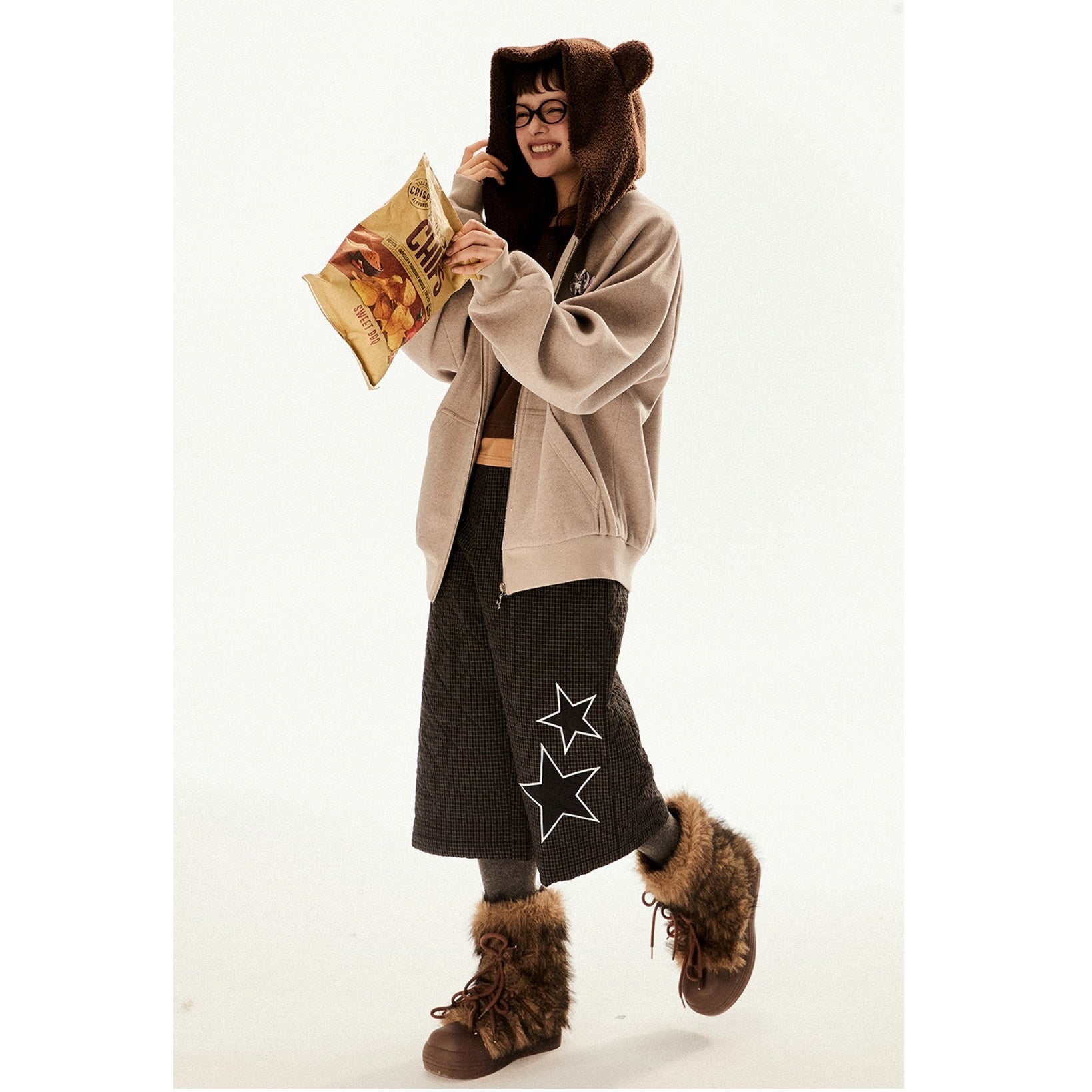 Raglan Sleeve Bear Design Hooded Zipper Jacket EZ196