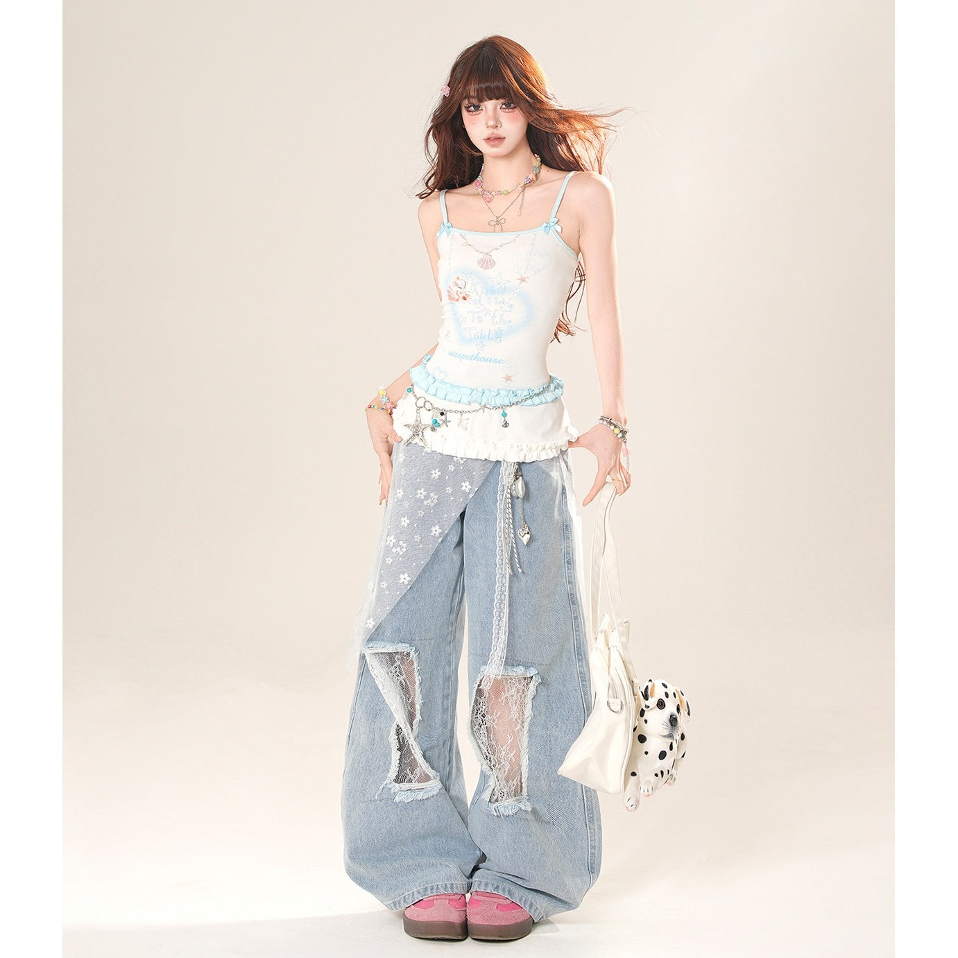 Lace Ripped Wide Leg Jeans KK2030