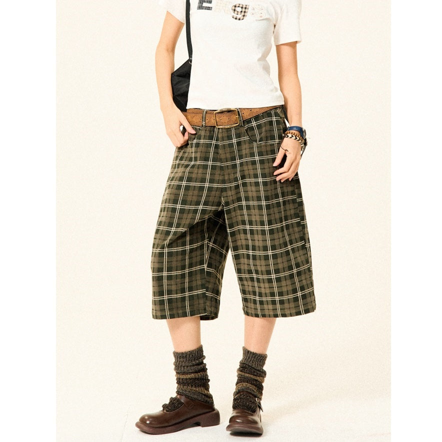 Retro Plaid Straight Leg Loose Cropped Pants YS7011