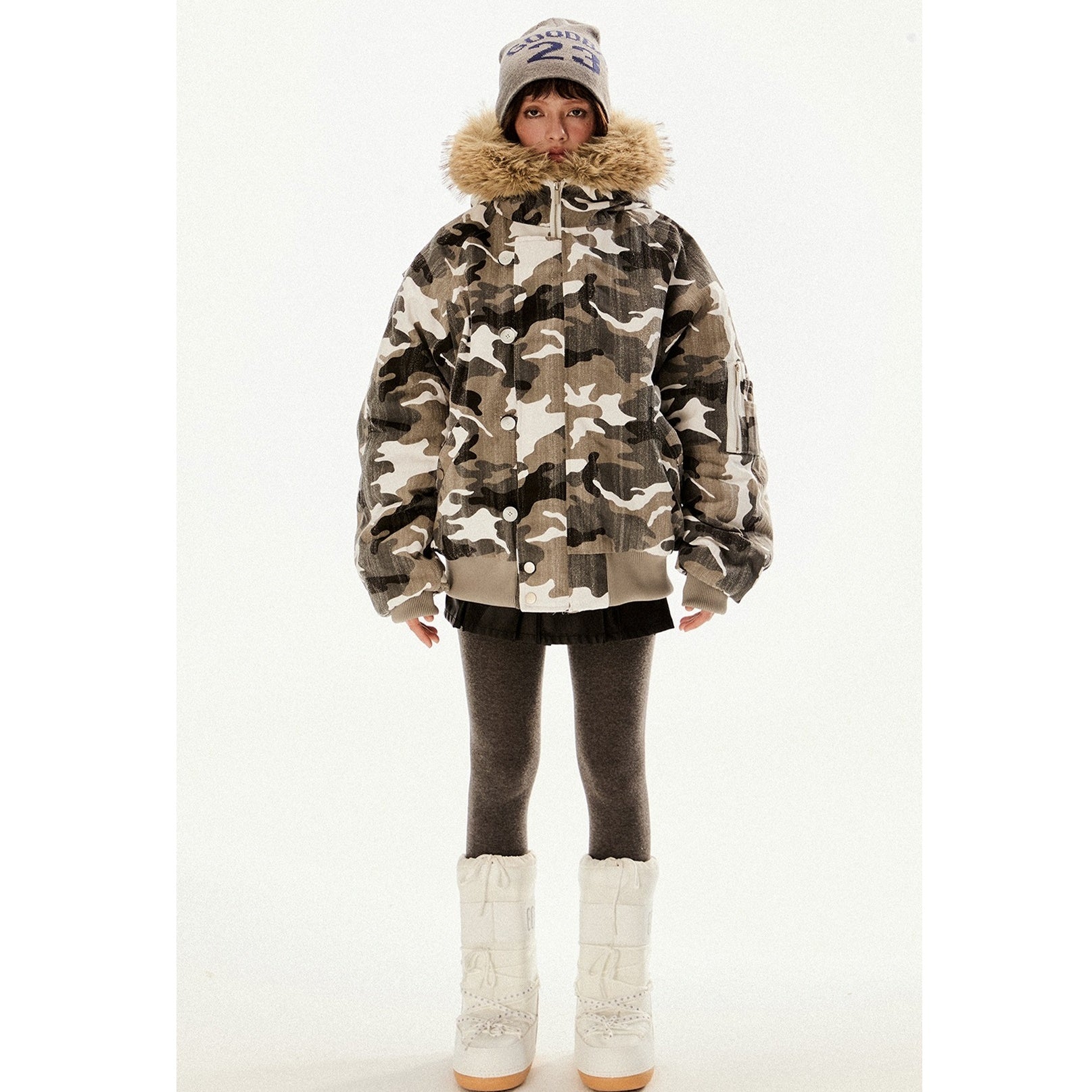 Fur Collar Hooded Camouflage Zipper Jacket EZ194