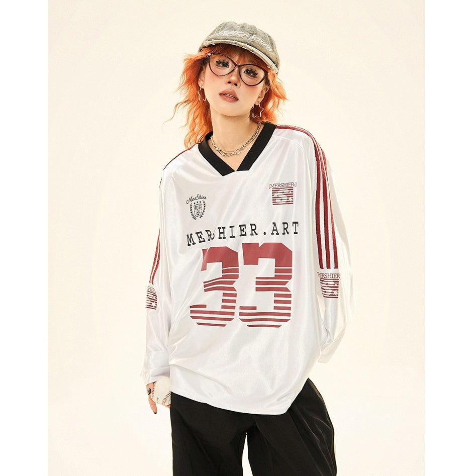 V-neck Sports Style Jersey Long-sleeved T-shirt MW9285