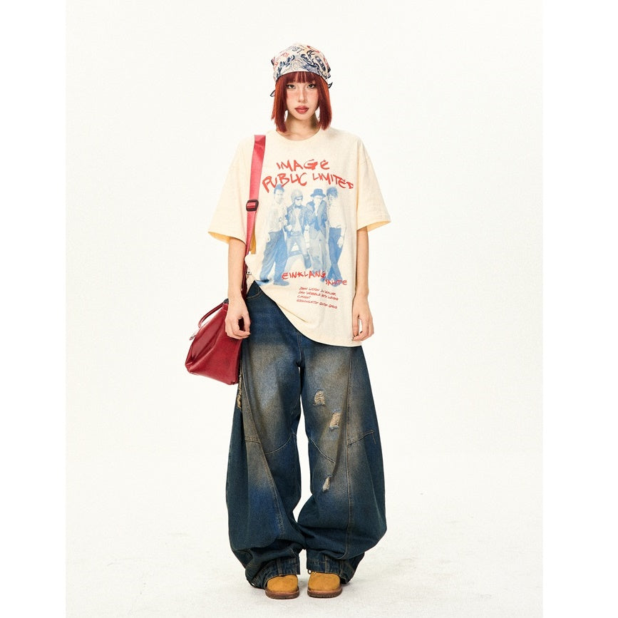 Retro Washed Ripped Stitch Design Loose Jeans YS7007