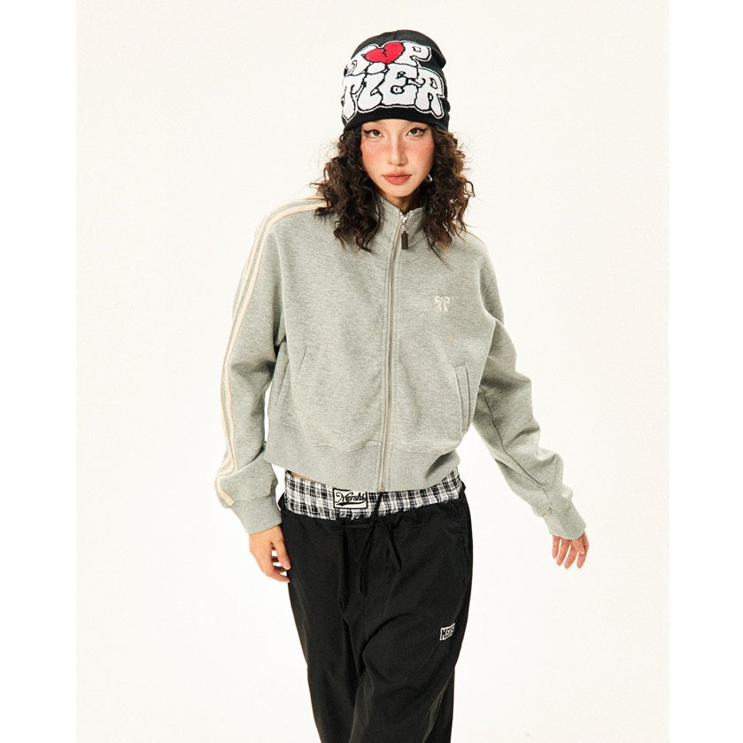 Retro College Bow Embroidery Cropped Track Jacket MW9430