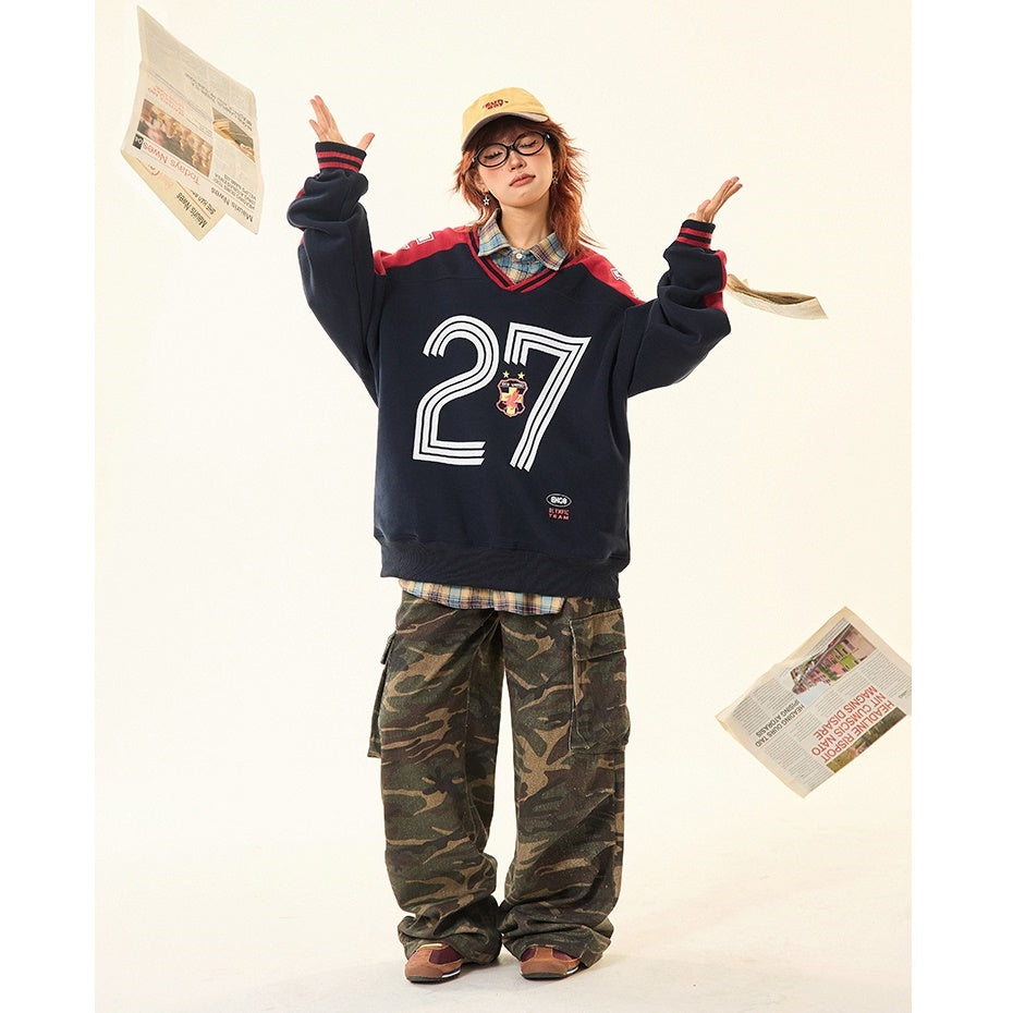 Letter Contrast V-neck Sports Sweat MW9425