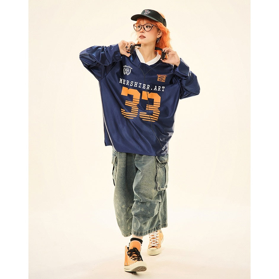 V-neck Sports Style Jersey Long-sleeved T-shirt MW9285