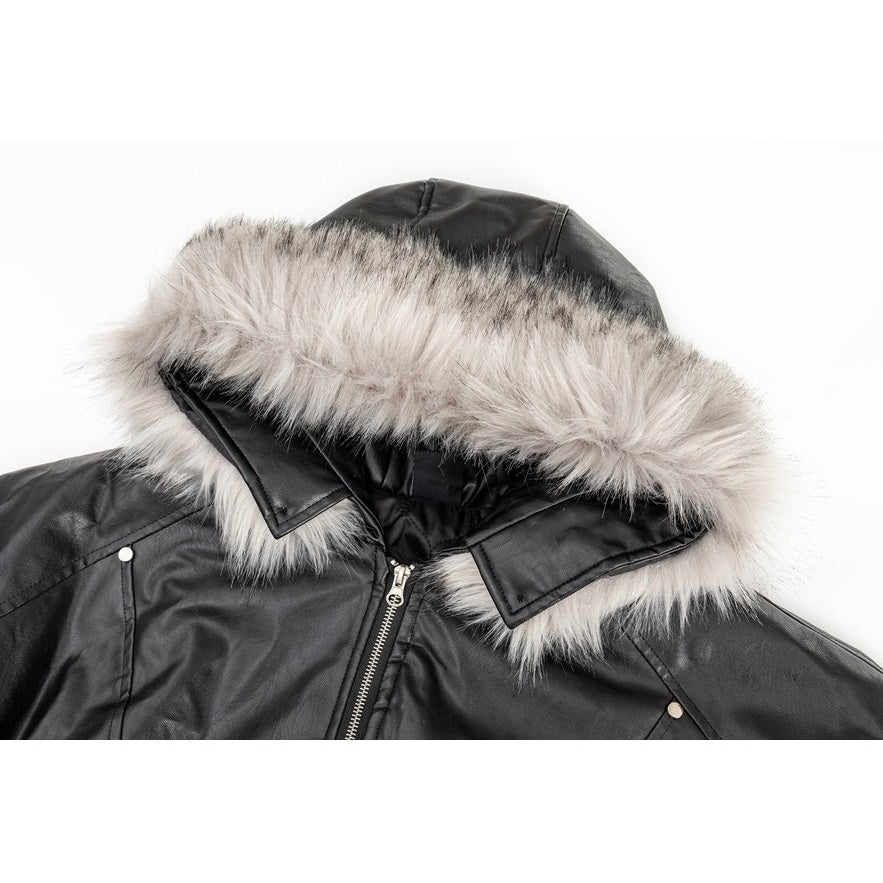 Fur Collar PU Leather Hooded Jacket MW9578