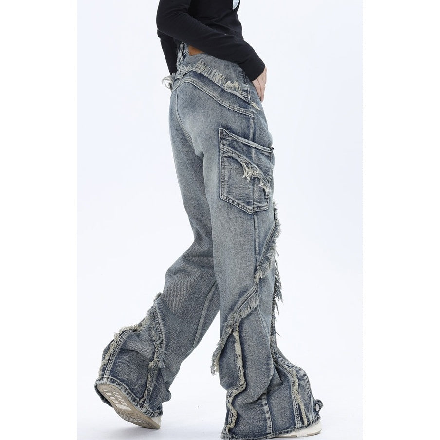 Wash Panels Raw Edge Loose Straight Jeans MW10062