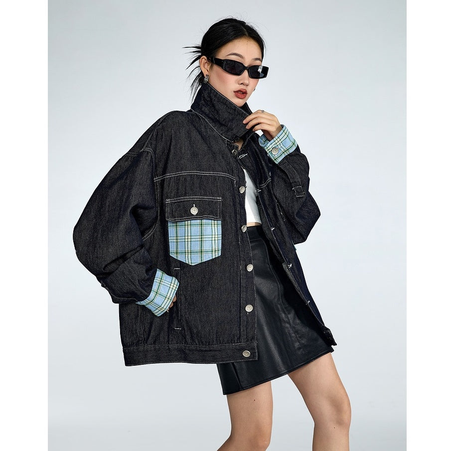 Plaid Patchwork Loose Denim Jacket MW9317