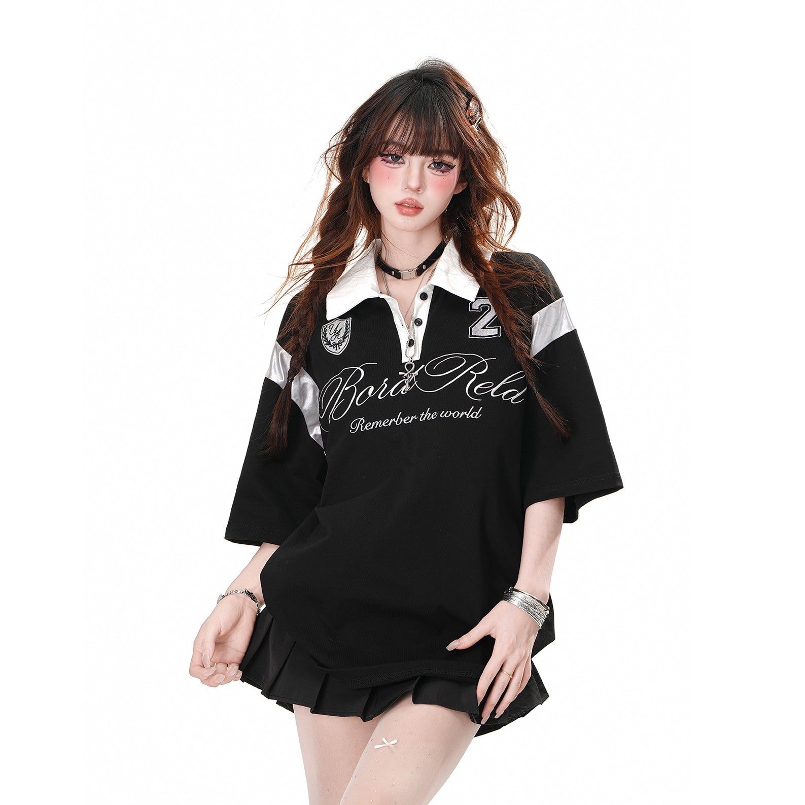 Bicolor Polo Collar Loose T-shirt KK2050
