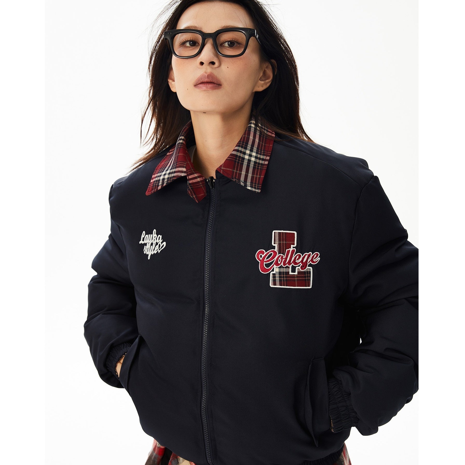 Plaid Lapel Reversible Zip-Up Padded Jacket MW9622