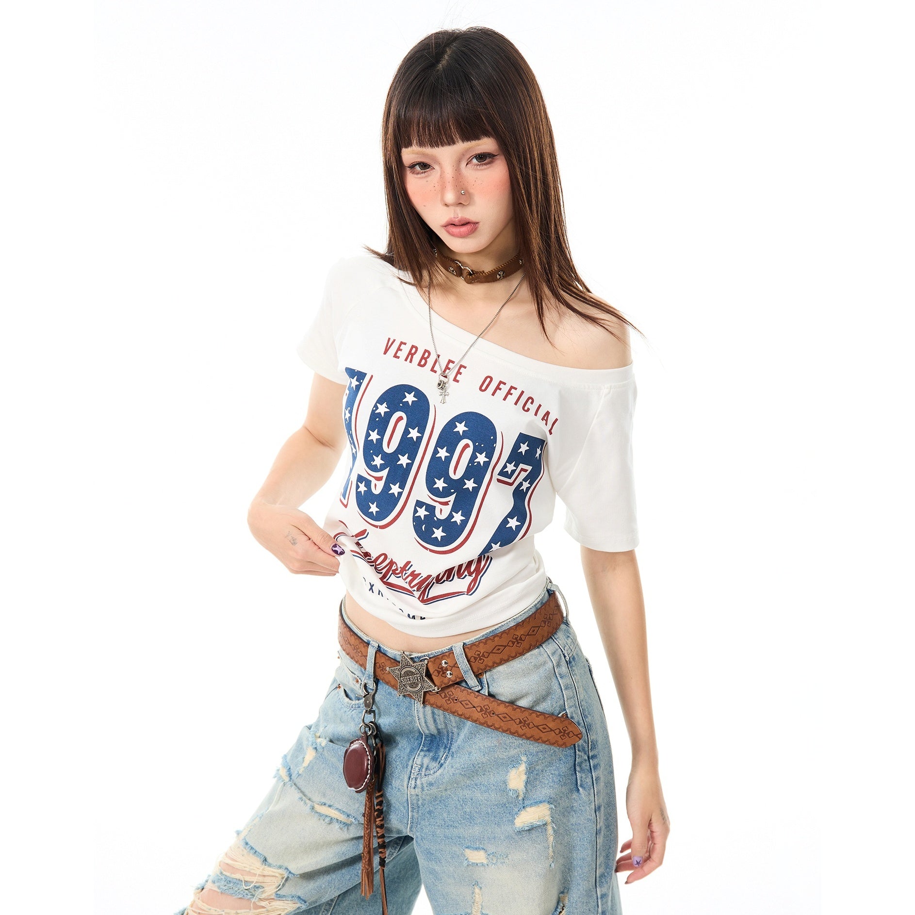 American Star Print Slanted Shoulder T-shirt MW10096