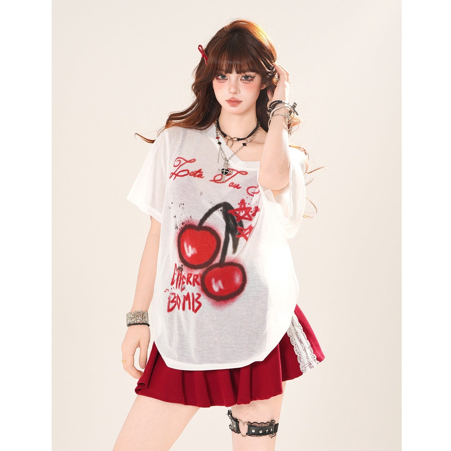 Cherry Print Loose Slanted Shoulder T-Shirt KK2035