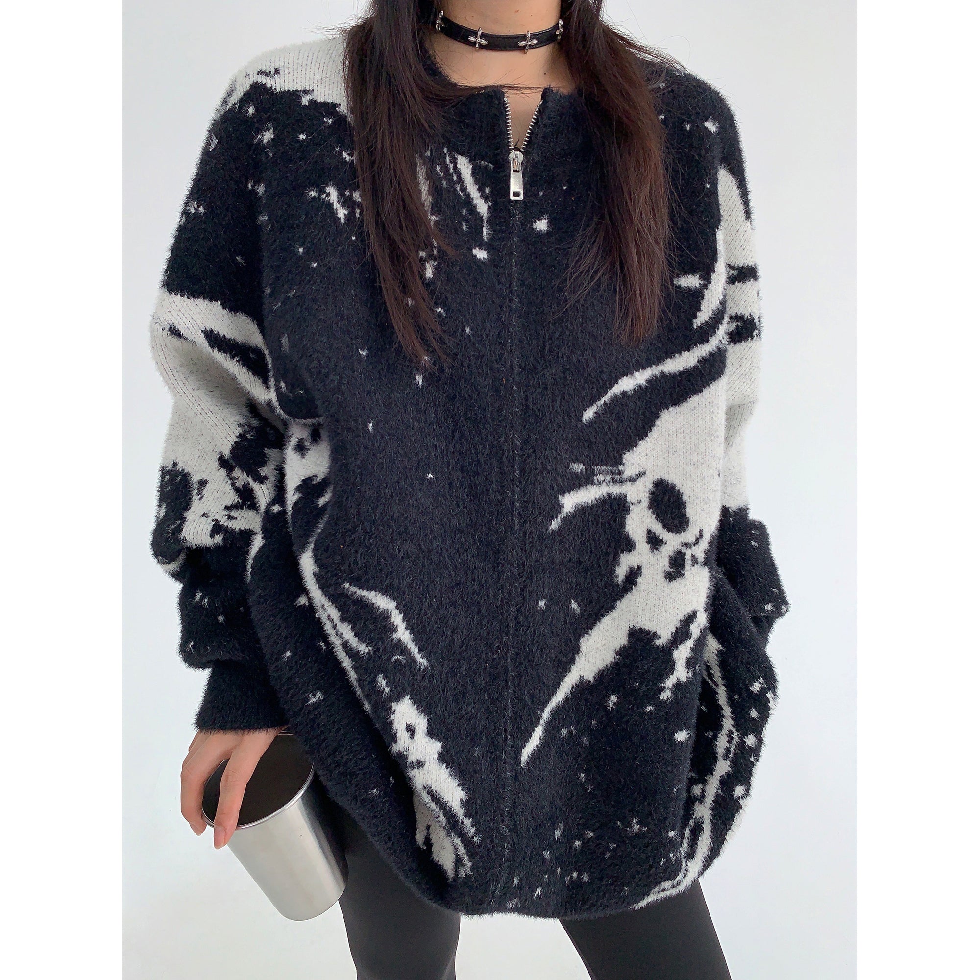 Round Neck Marble Design Loose Knitted Jacket MW9509