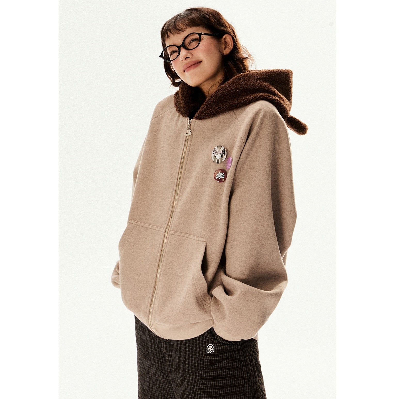 Raglan Sleeve Bear Design Hooded Zipper Jacket EZ196