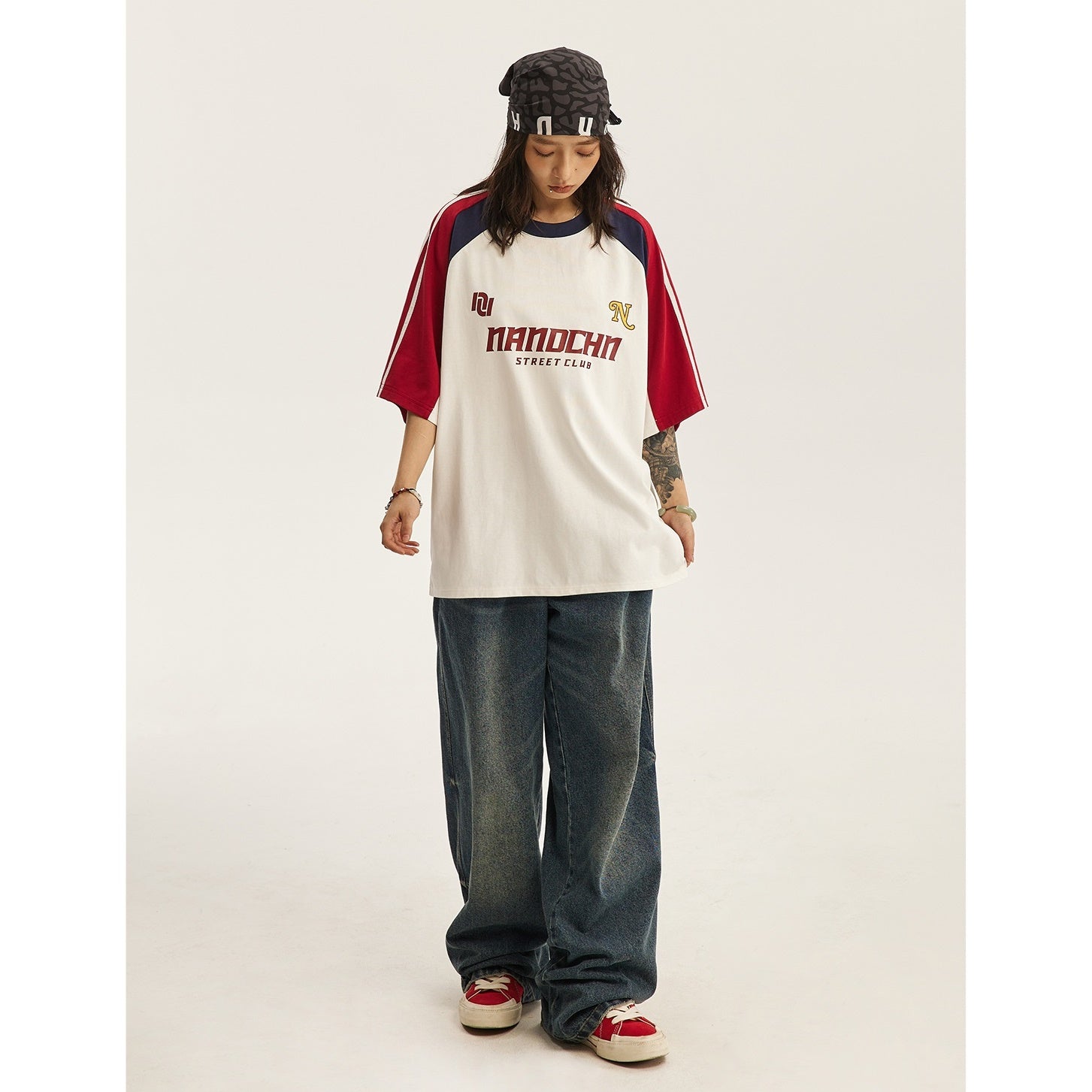 Loose Contrast Stitched Raglan Sleeve T-shirt ND1006