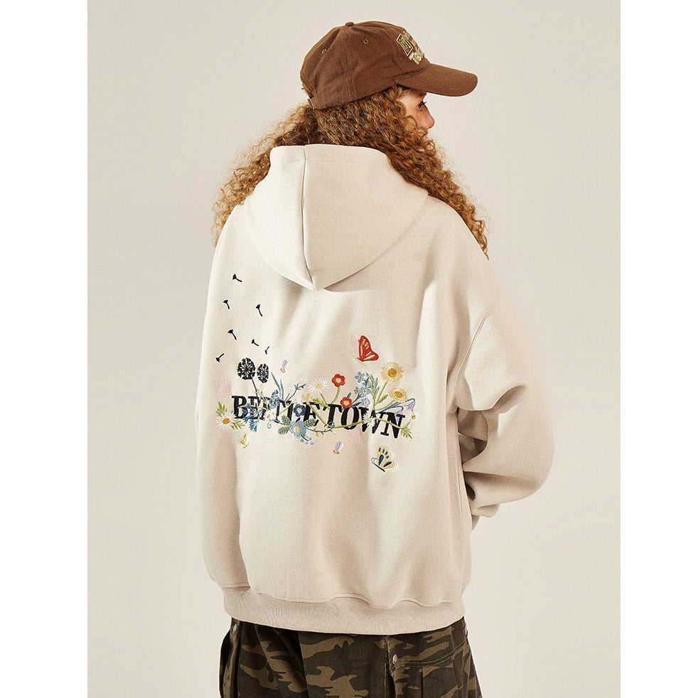 Back Floral Embroidered Zip Hooded Parka BT7032