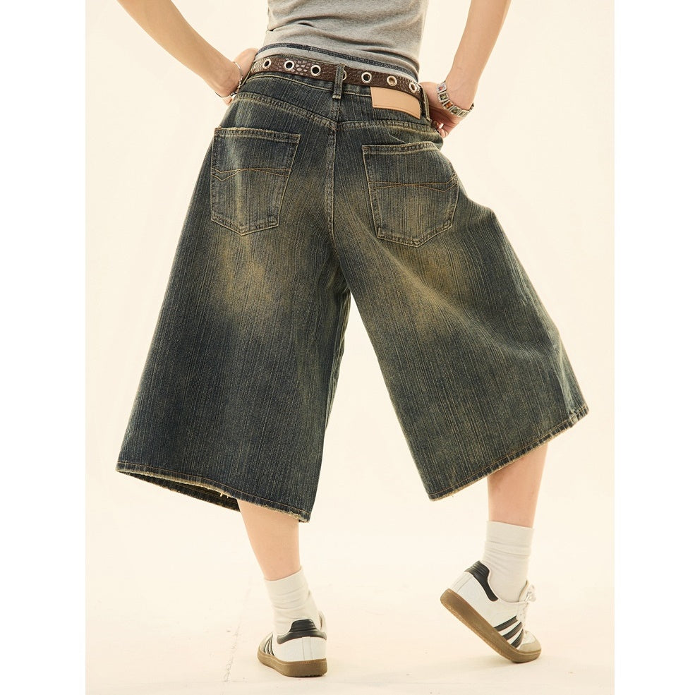 Vintage Wash Distressed Denim Wide-leg Cropped Pants MW9267