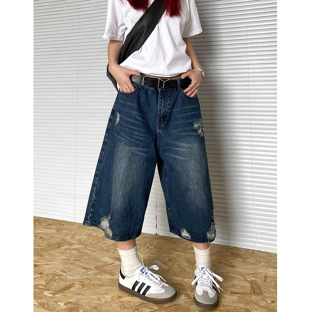 Frayed Design Denim Cropped Loose Short Pants