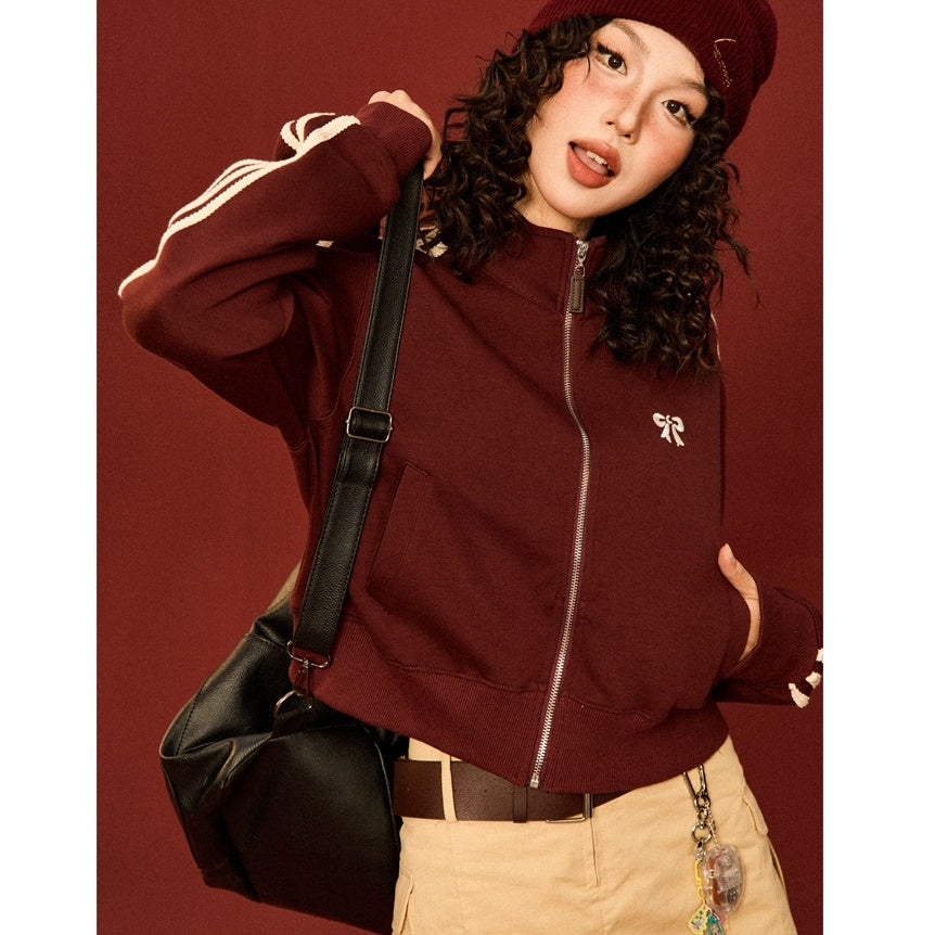 Retro College Bow Embroidery Cropped Track Jacket MW9430