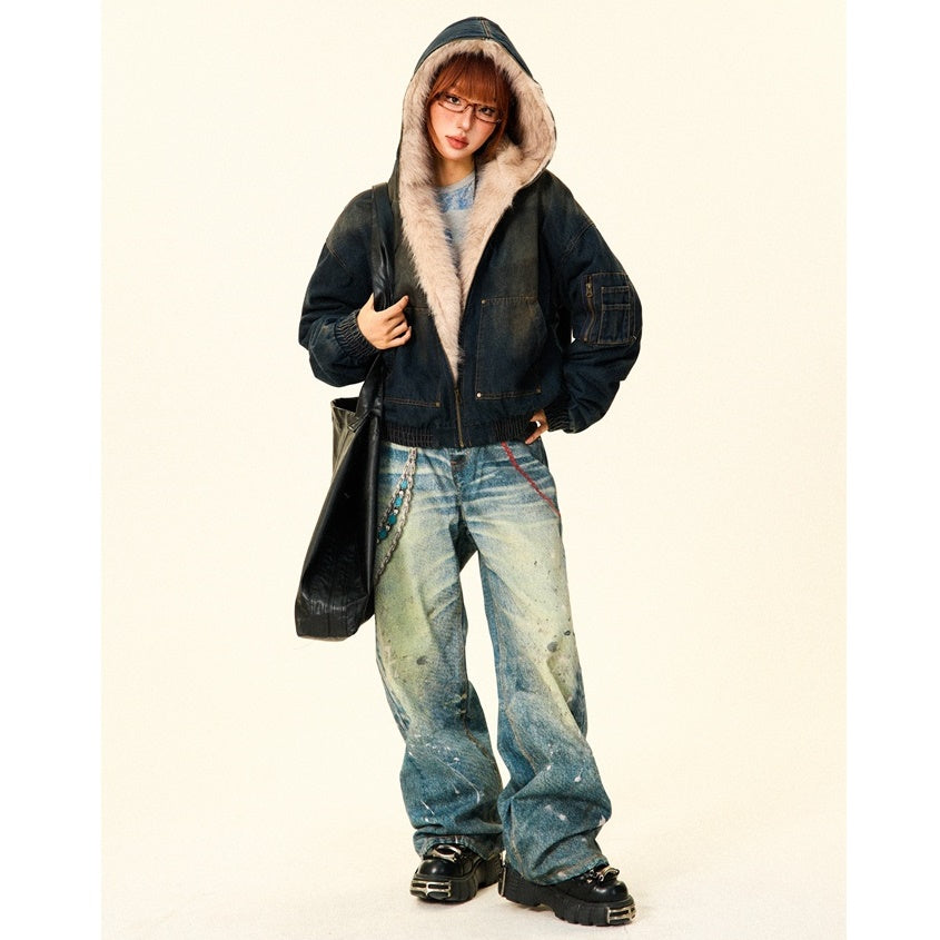 Fluffy Fur Denim Hooded Jacket MW9703