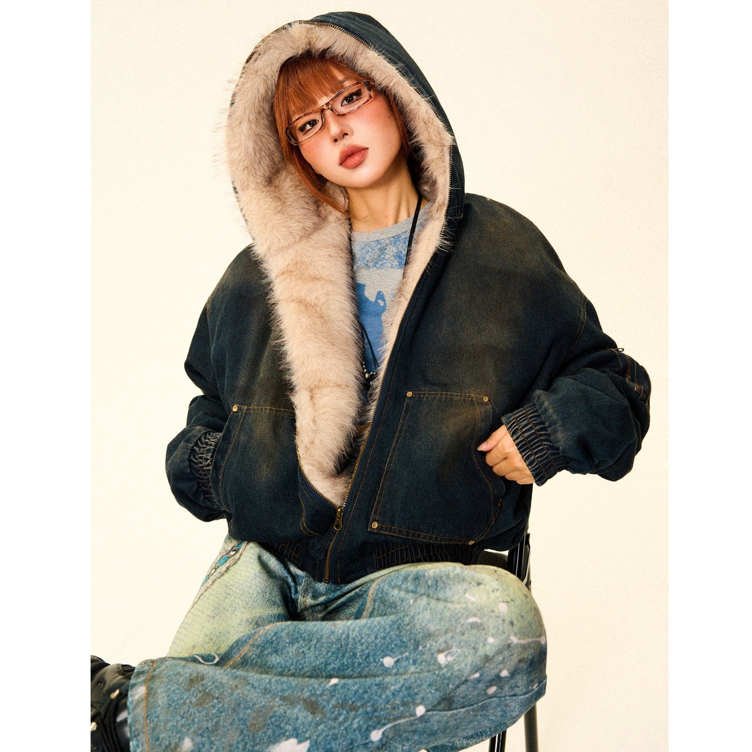 Fluffy Fur Denim Hooded Jacket MW9703