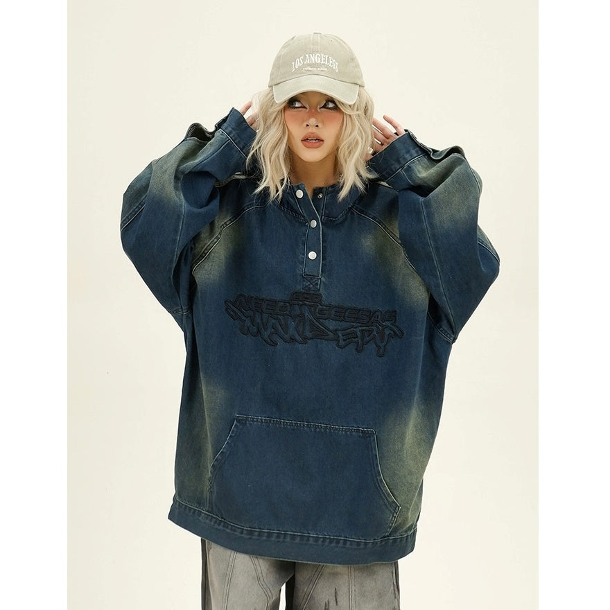 Letter Embroidery Denim Hooded Pullover MW9943