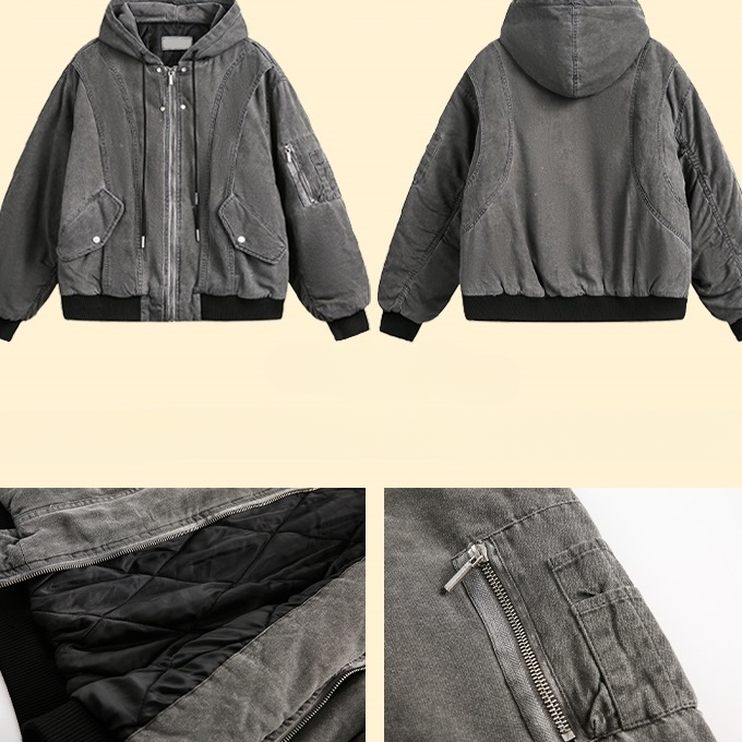 Washed Distressed Hooded Zipper Jacket HG7197