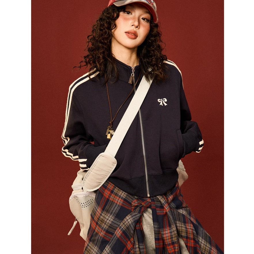 Retro College Bow Embroidery Cropped Track Jacket MW9430