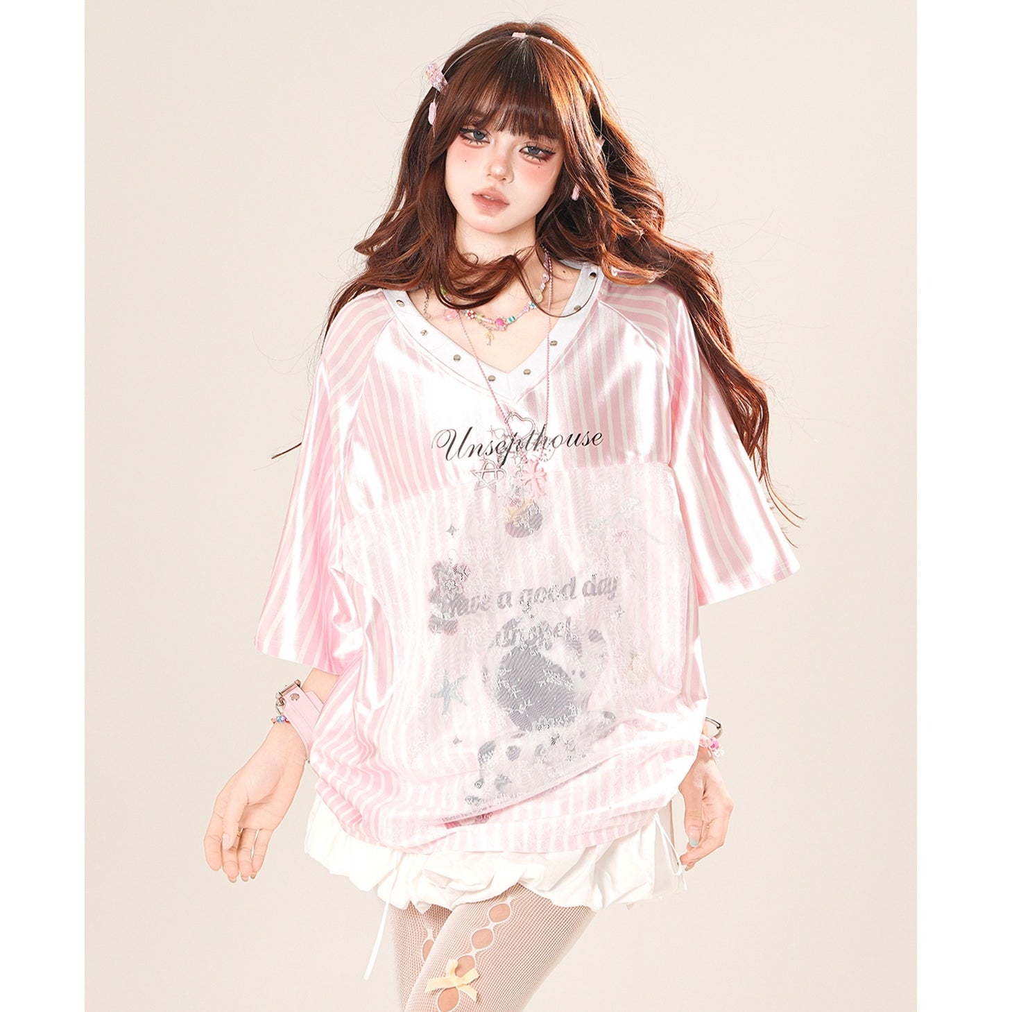 V-neck Stripe Loose Shiny T-shirt KK2032