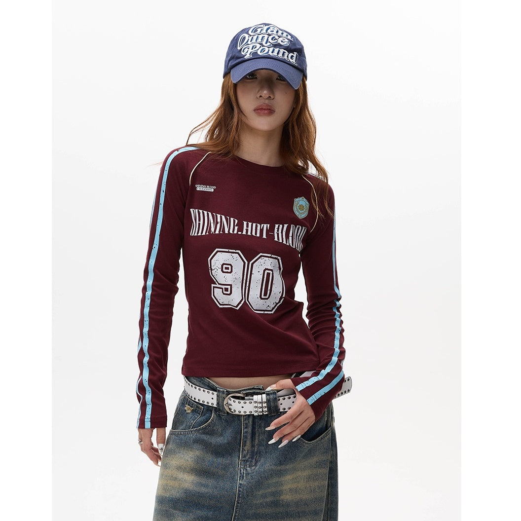 Letter Print Long Sleeve Line Slim T-shirt MW9279