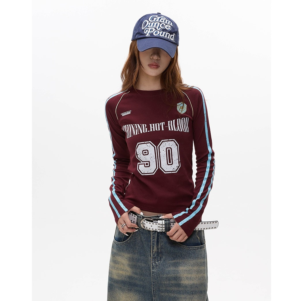 Letter Print Long Sleeve Line Slim T-shirt MW9279