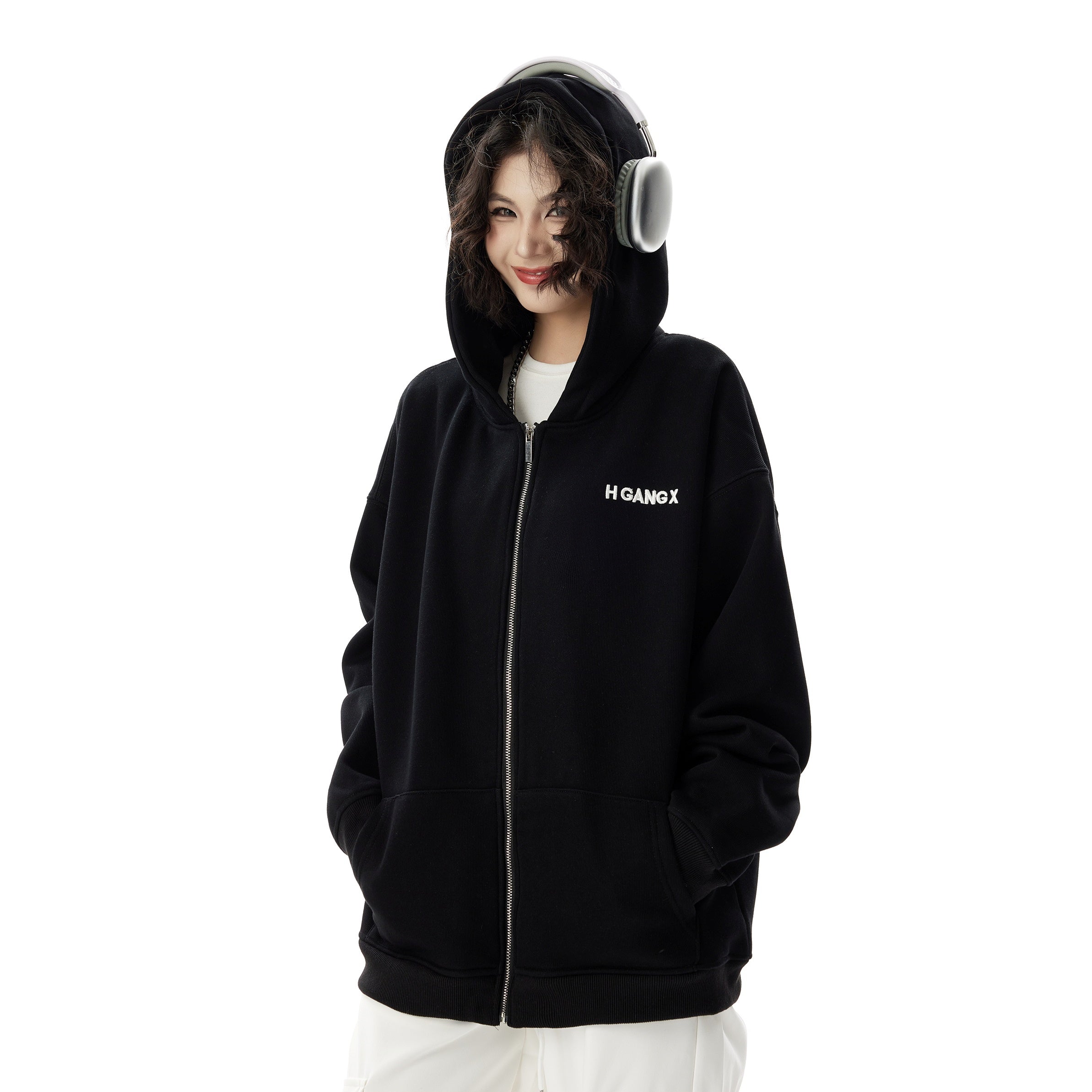 Simple Embroidered ZIP-Up Hooded Parka HG7181