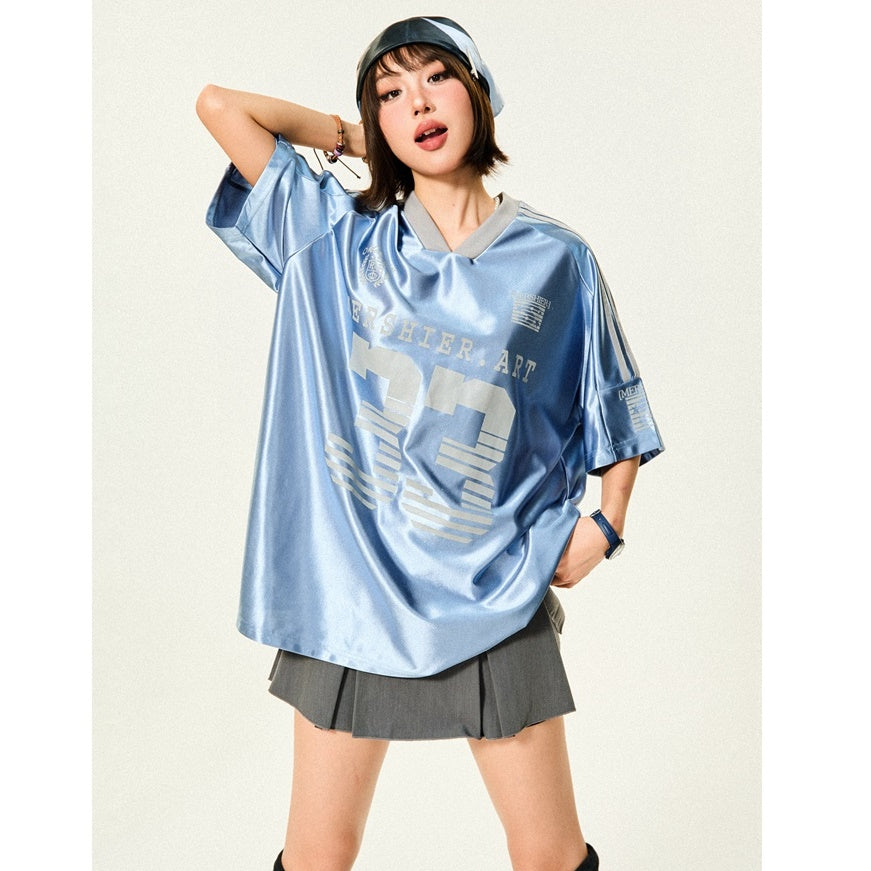 Loose V-Neck Sports Style Shiny T-Shirt YS7003