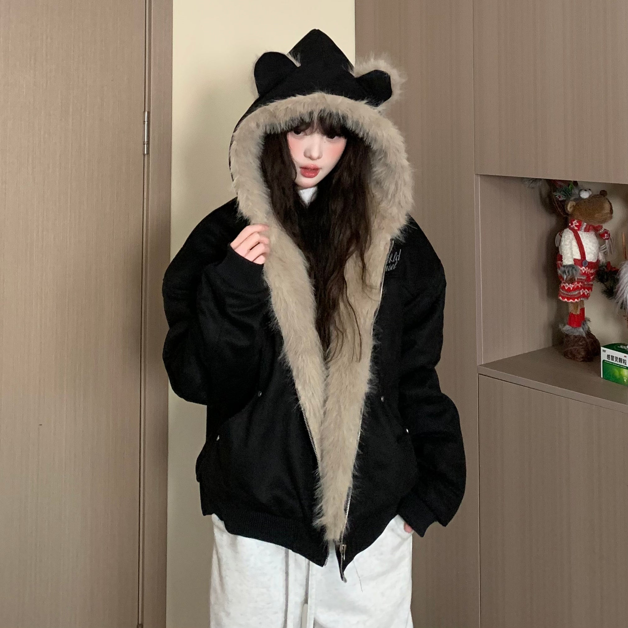 Fur Stitch Cat Ears Hooded Jacket EZ224