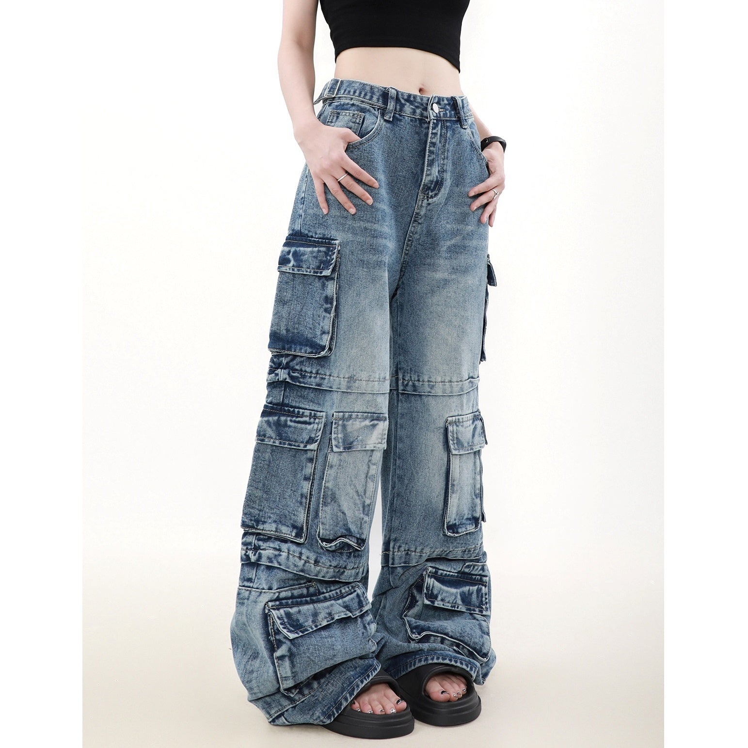 Washed Multi-pocket Baggy Jeans MR8011