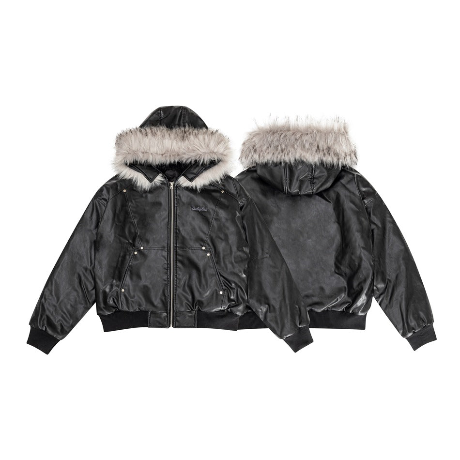 Fur Collar PU Leather Hooded Jacket MW9578