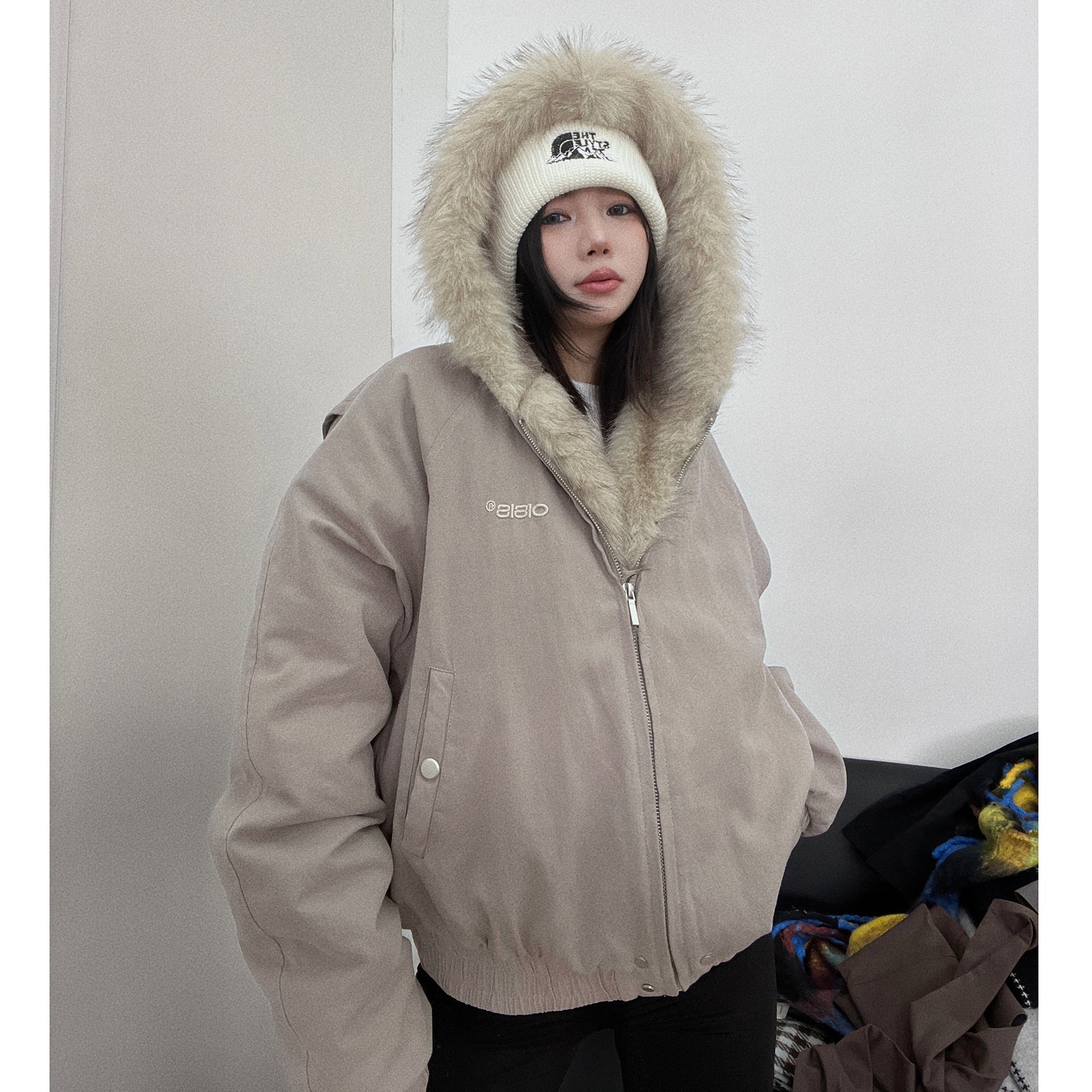 Fur Collar Hooded Zipper Quilting Jacket MW9638