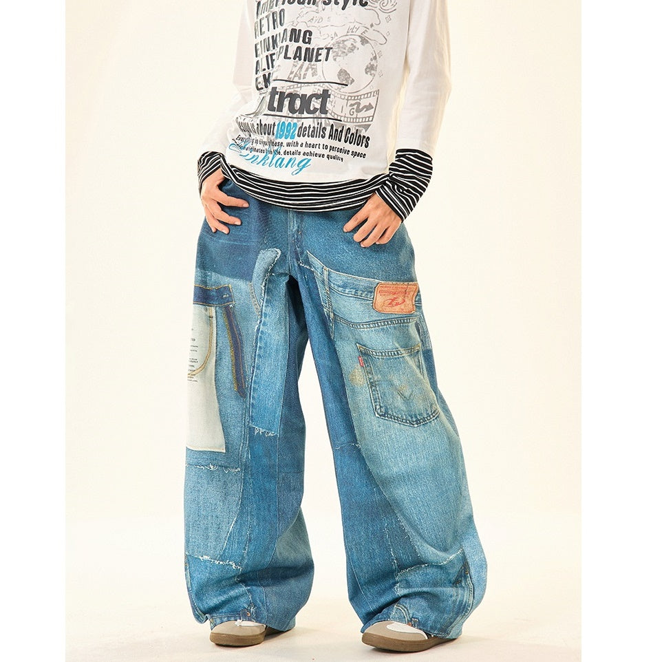 Patch Stitched Print Loose Straight Jeans MW9529