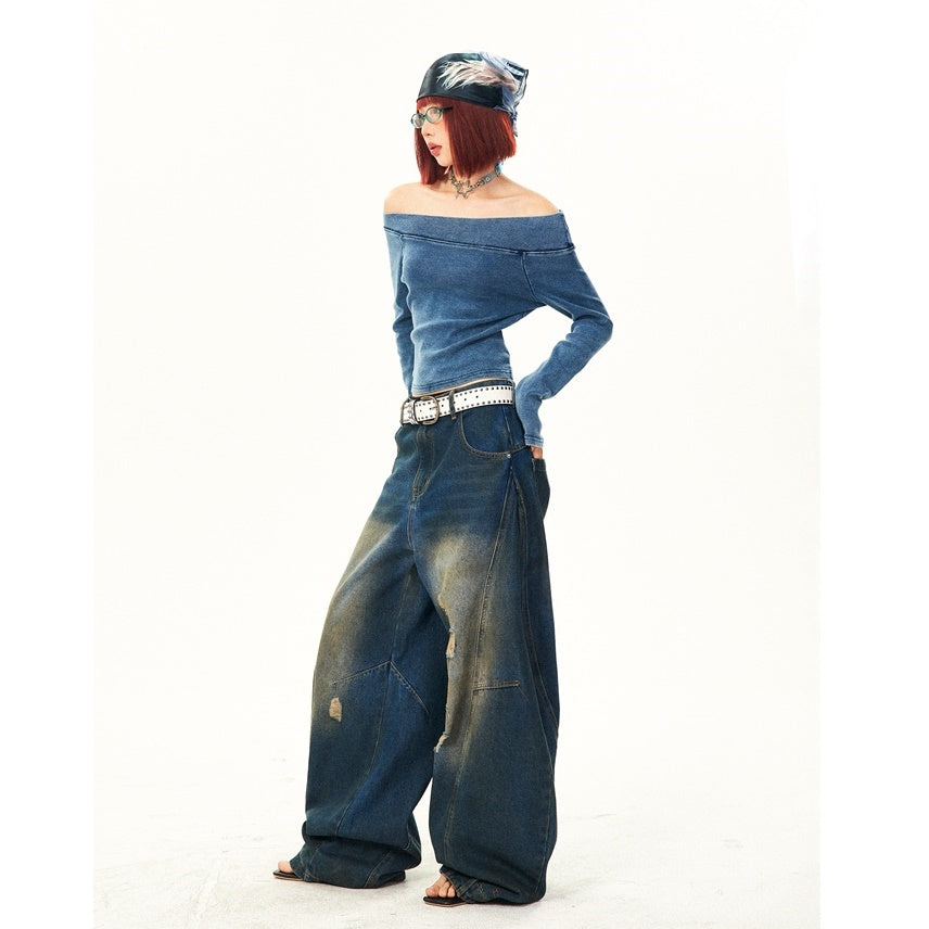 Retro Washed Ripped Stitch Design Loose Jeans YS7007