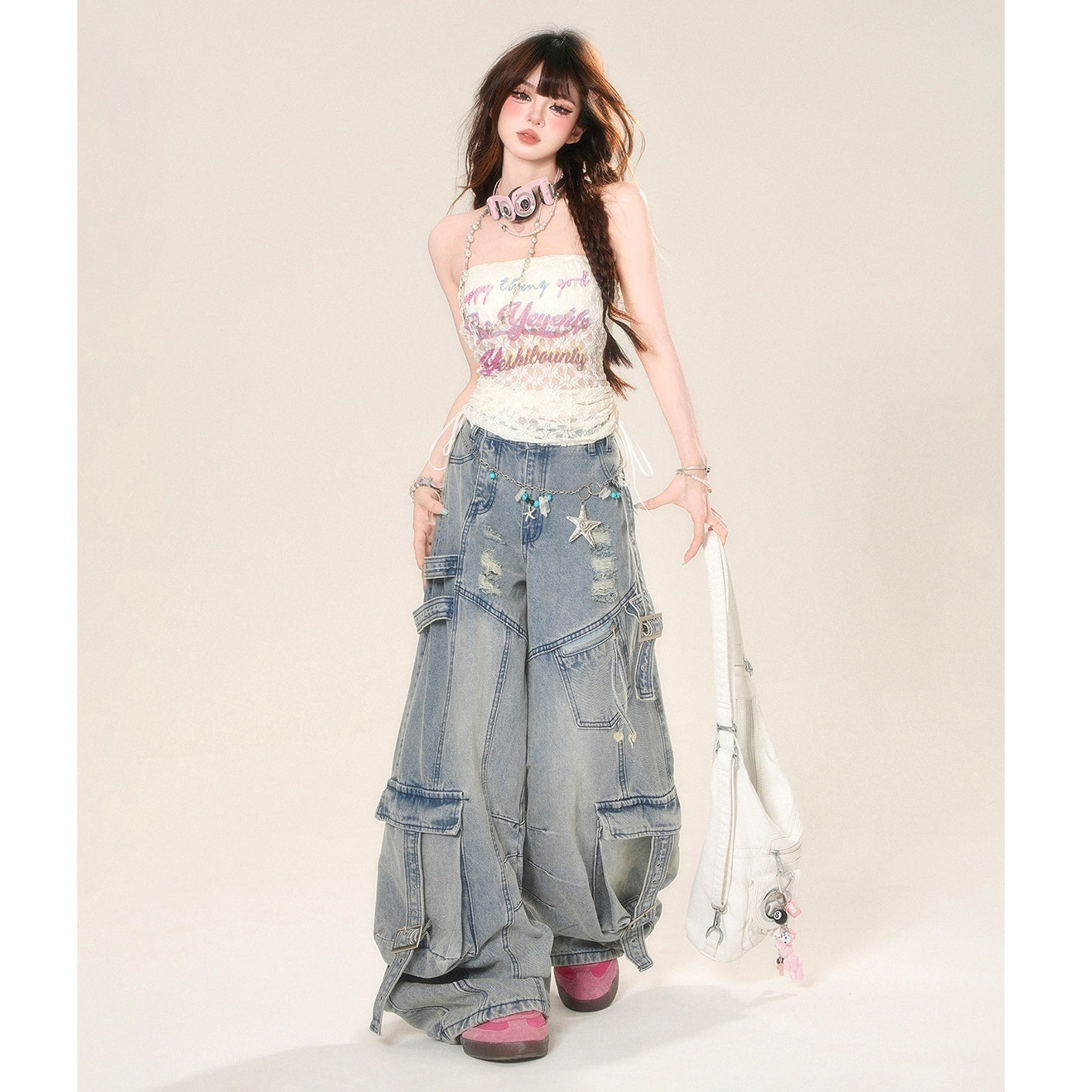 Ripped Wide Buggy Cargo Jeans KK2056