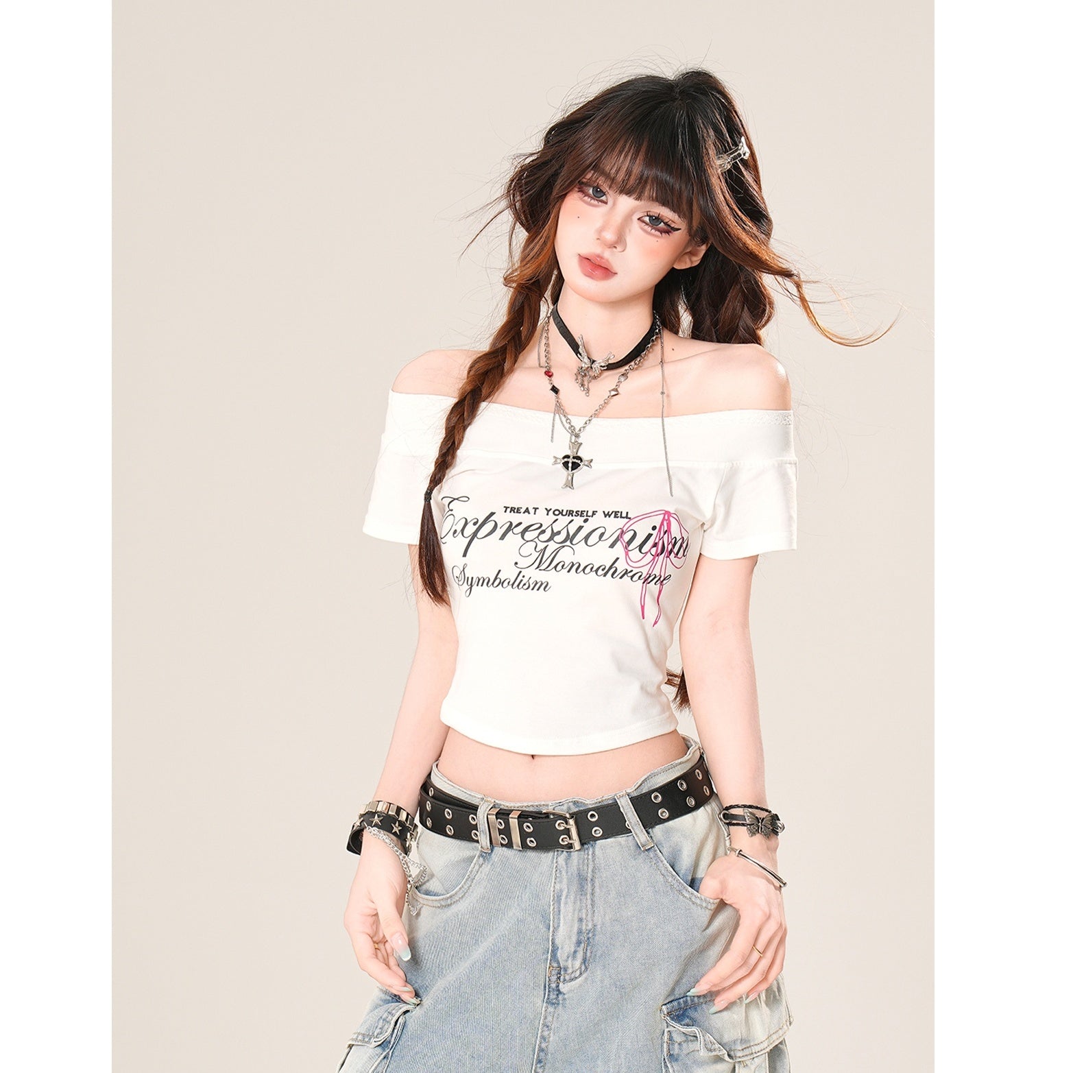 Off-Shoulder Lace Cropped Slim T-Shirt KK2058