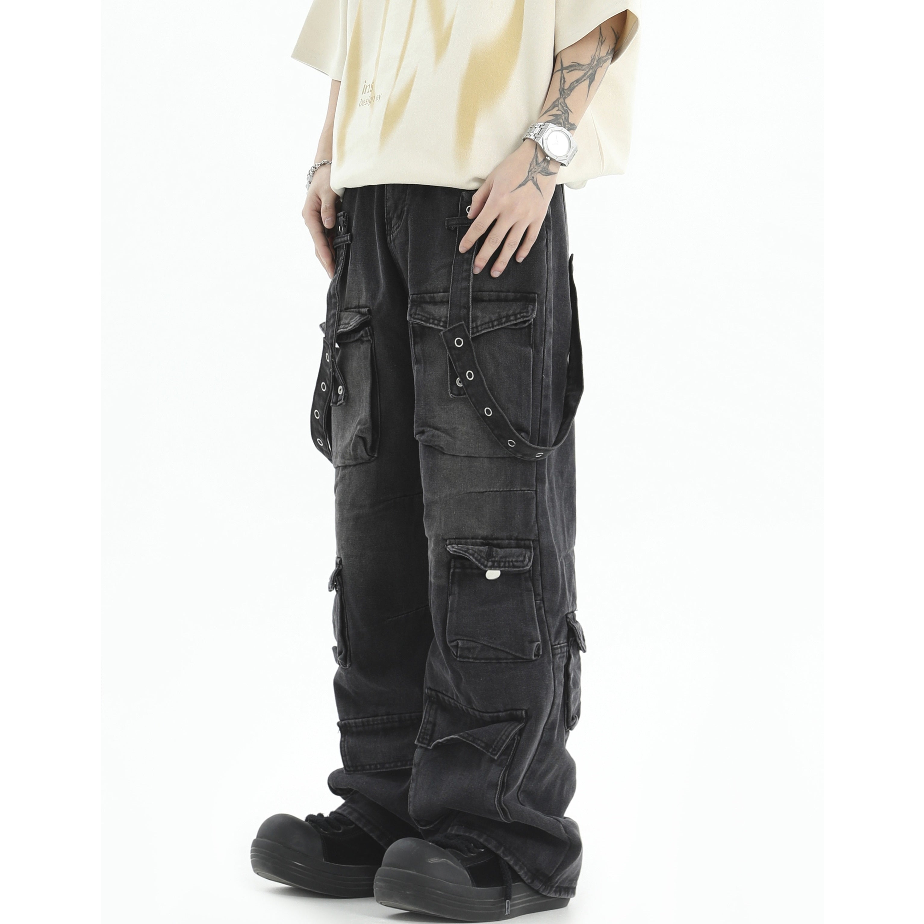 Retro Wide-leg Straigh Strap Cargo Jeans IN7010