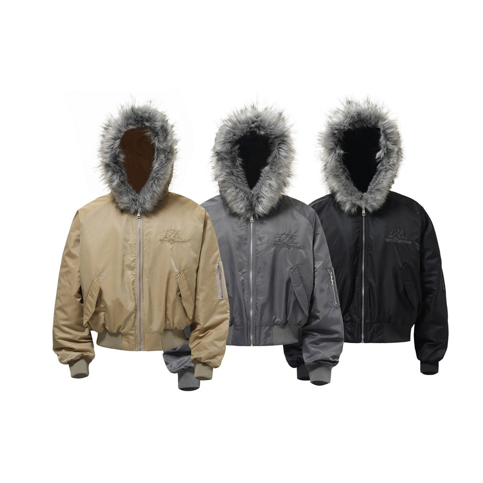 Men's Like Fur Collar Hooded Flight Jacket MW9738