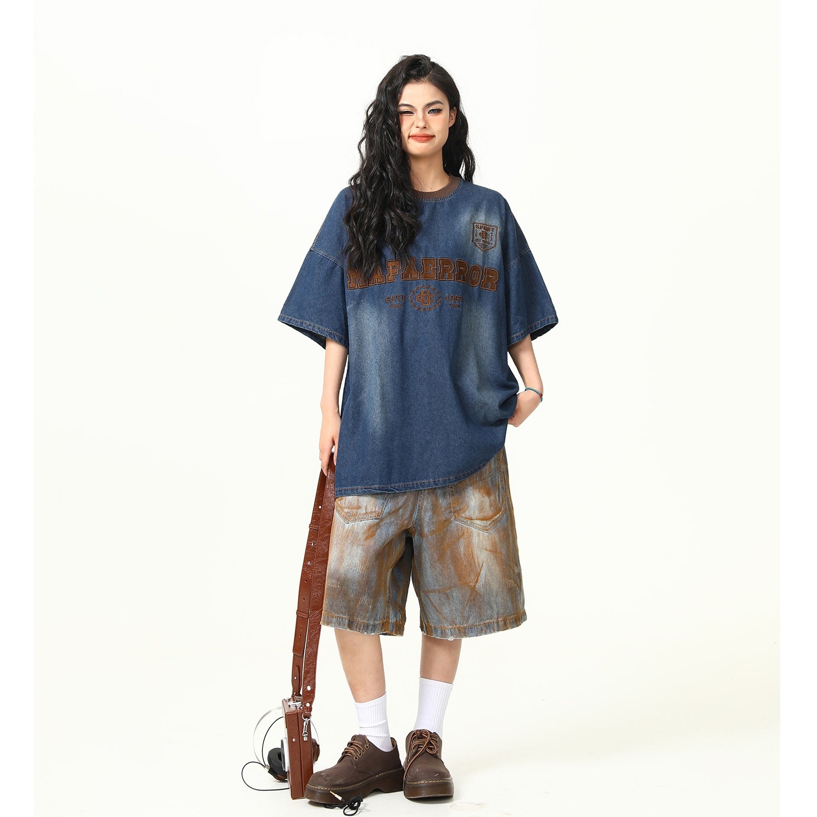 Embroidery Washed Denim Loose T-Shirt HG7147